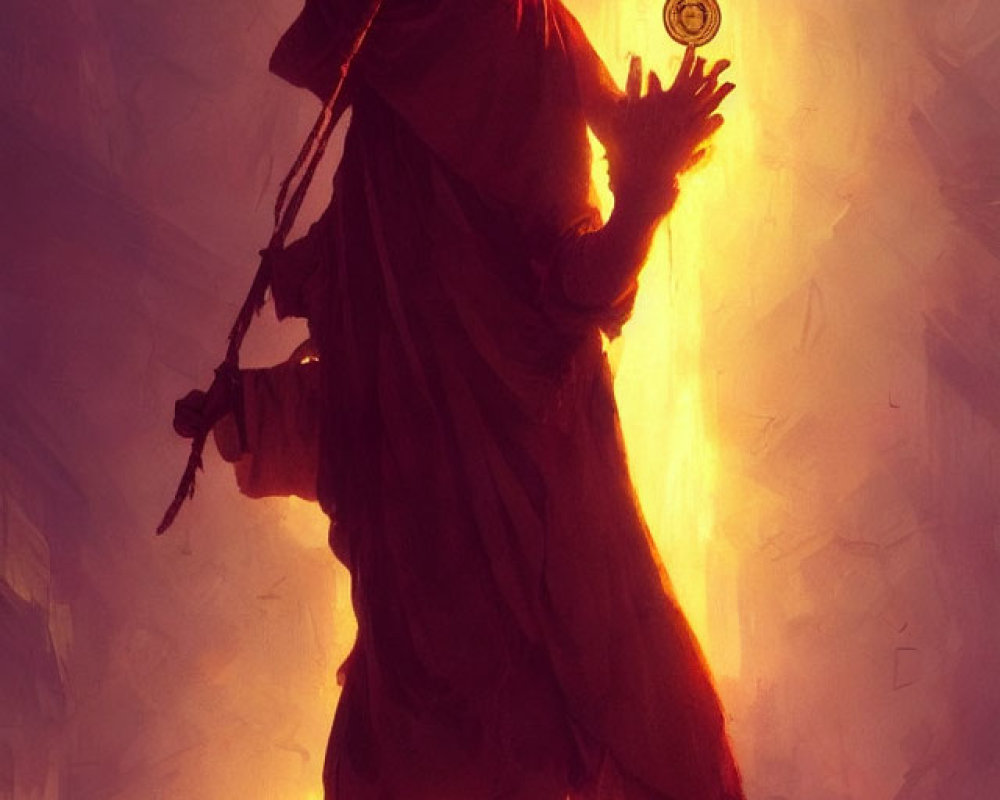 Hooded figure holding lit device in warm light