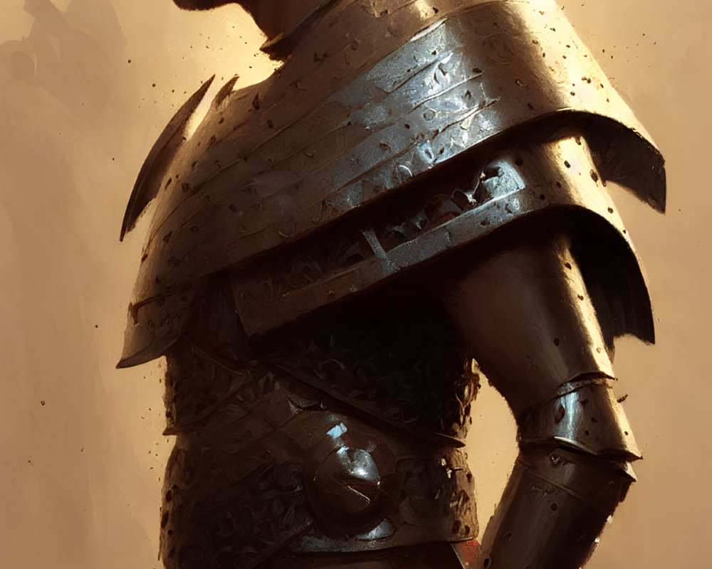 Profile of stern knight in detailed plate armor under warm light