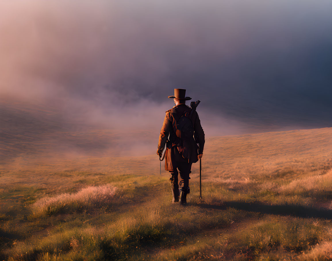 Vintage-clad figure with top hat walks in grassy field under moody sky