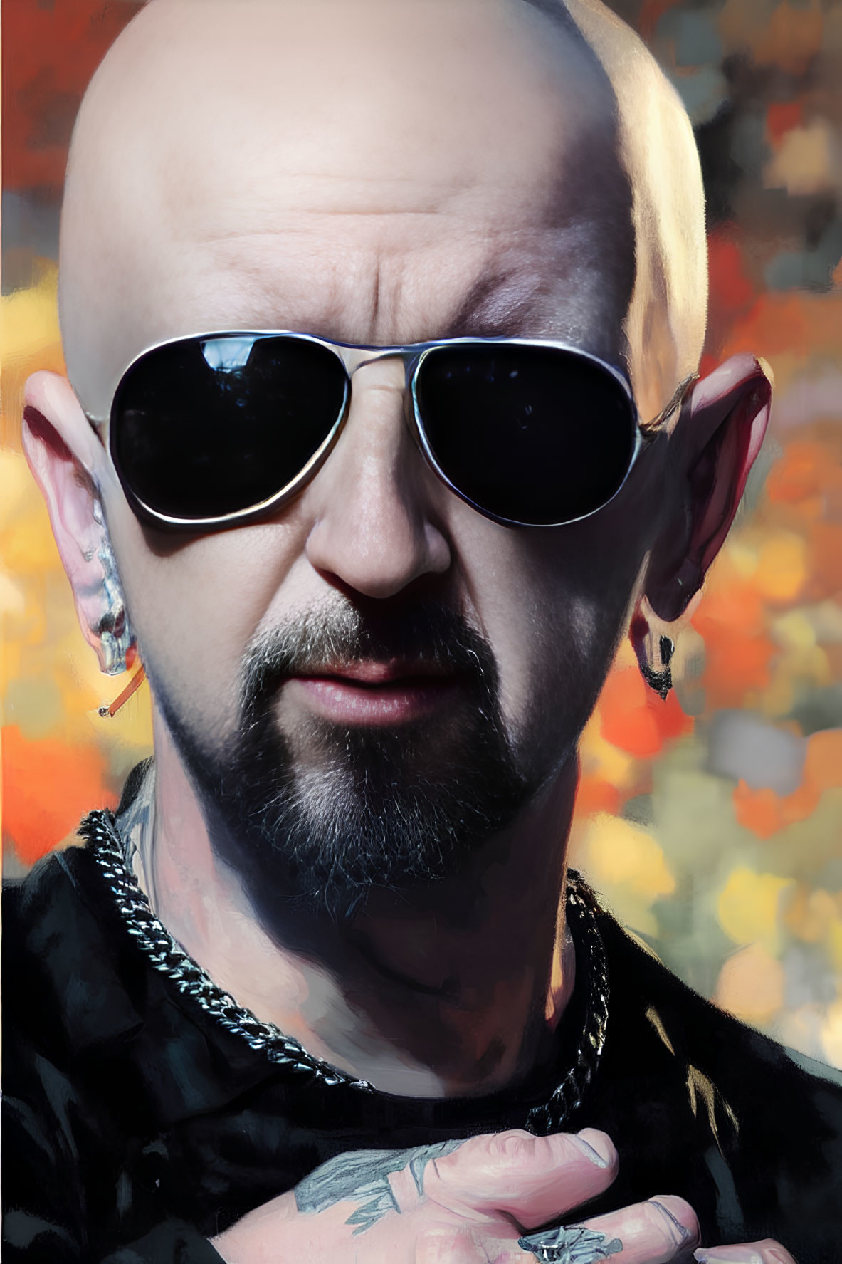 Bearded bald man in sunglasses with tattoos and jewelry on blurred background