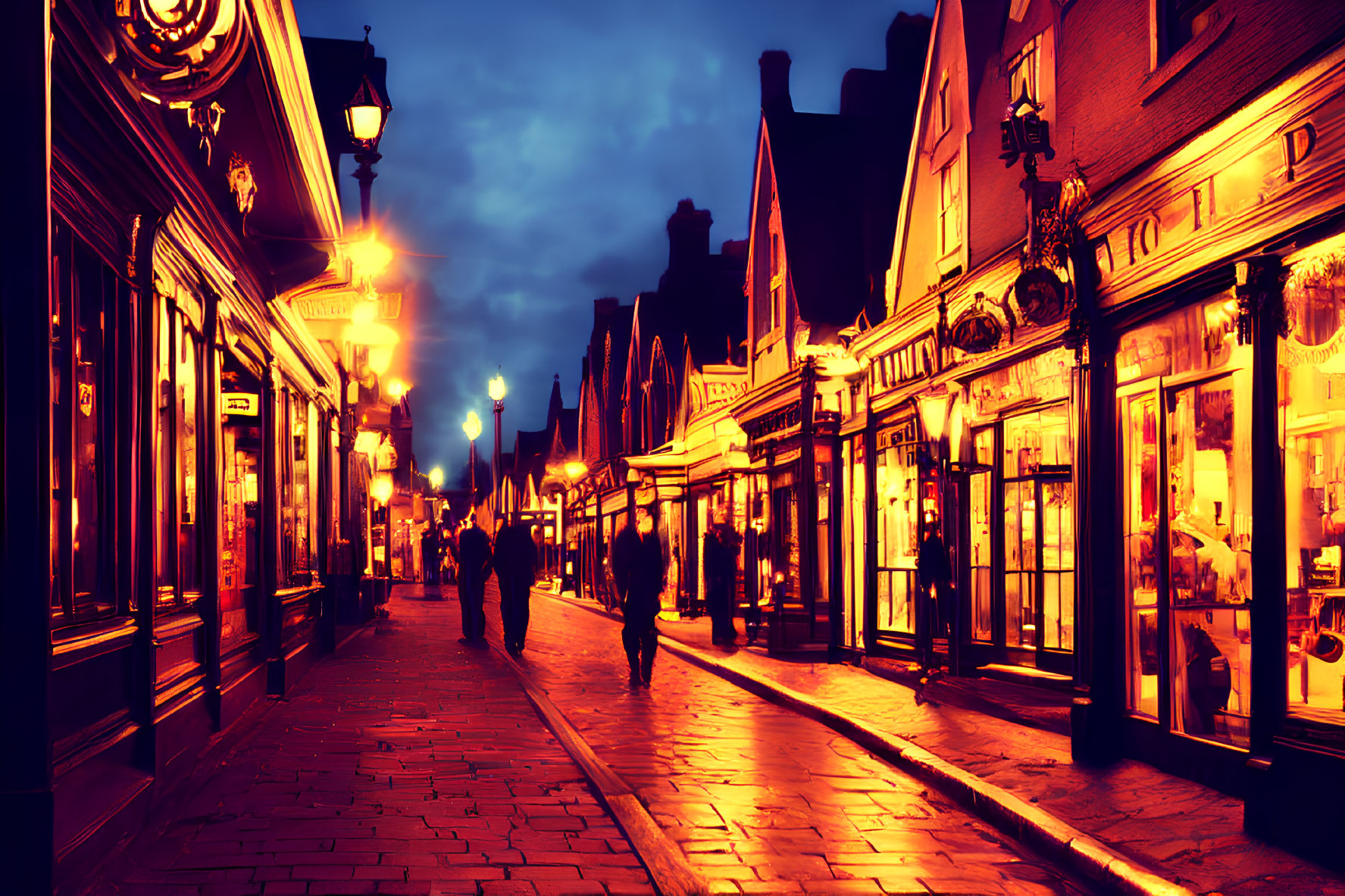 Tranquil evening ambiance on cobblestone street with warm lighting