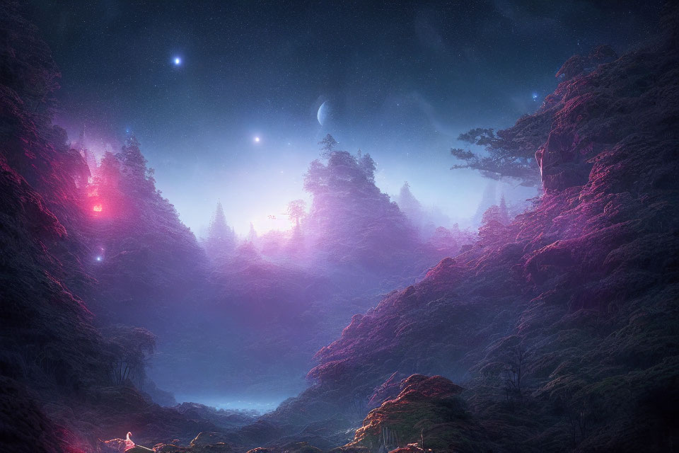 Fantasy landscape with towering trees, ethereal lights, misty valley, and starry sky