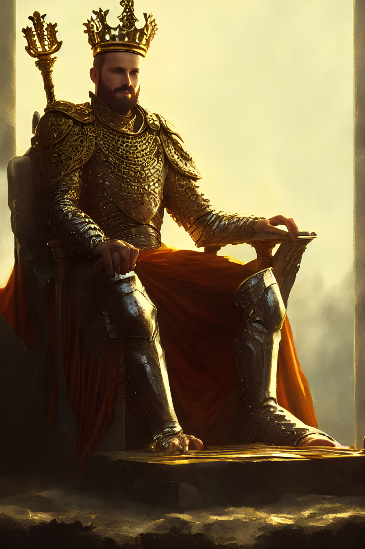 Regal King in Golden Armor on Majestic Throne