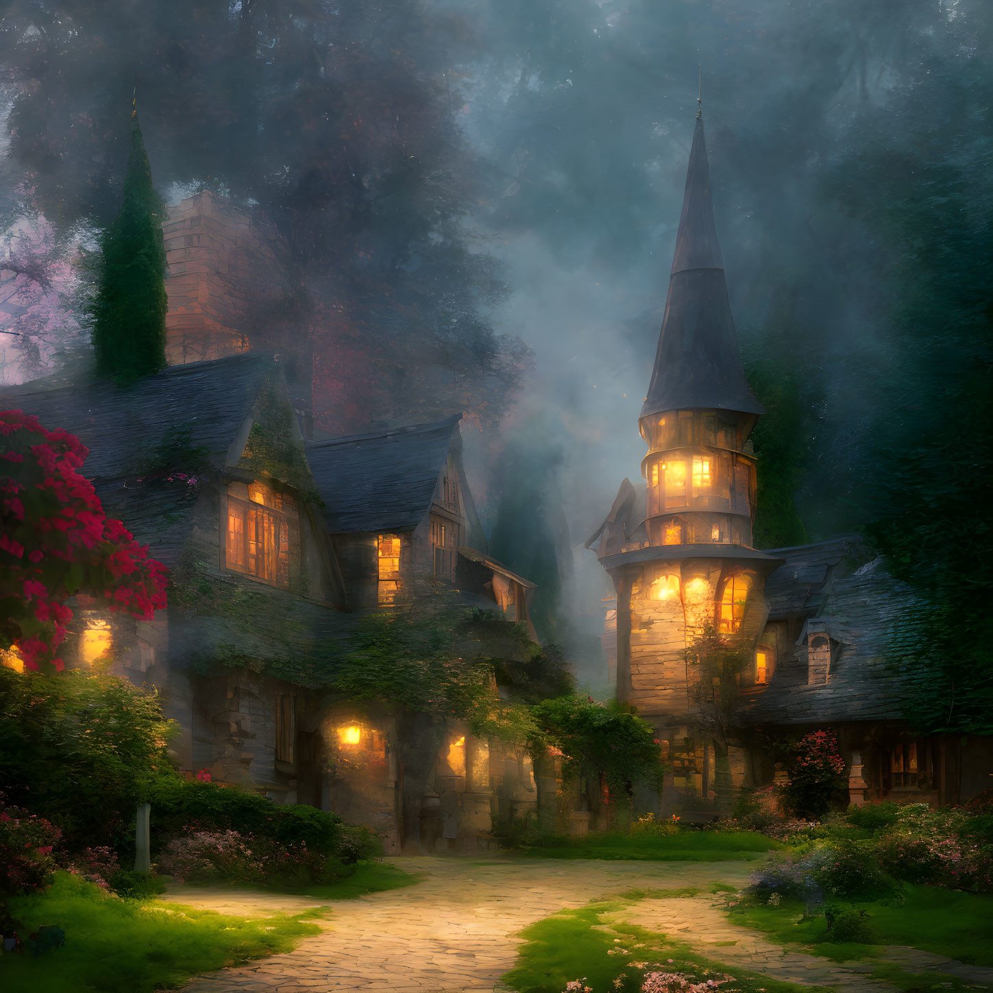 Twilight fairy-tale village with cobblestone path and towering spire