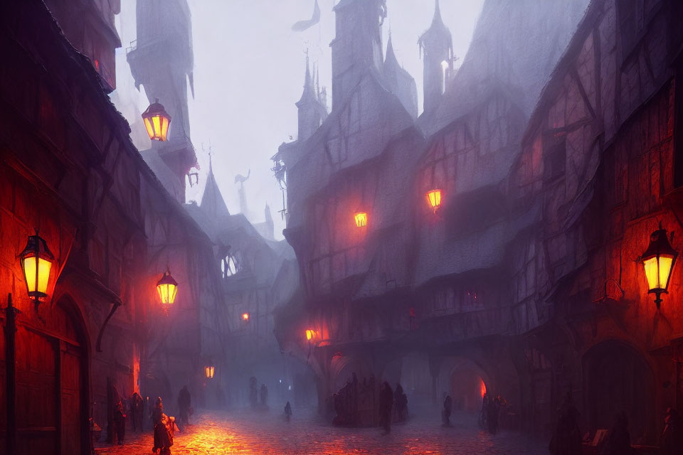 Medieval street at dusk with glowing lanterns & shadowy figures