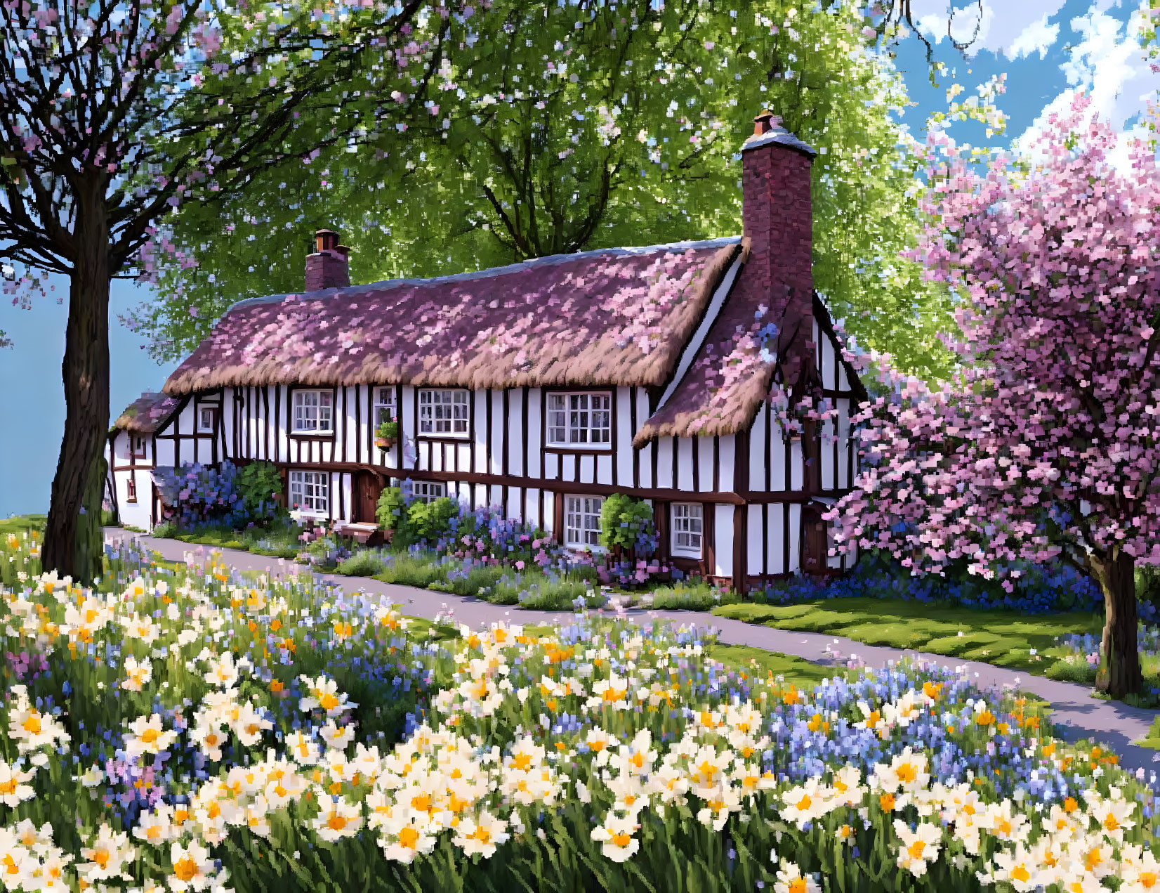 Thatched cottage with white walls and blooming gardens