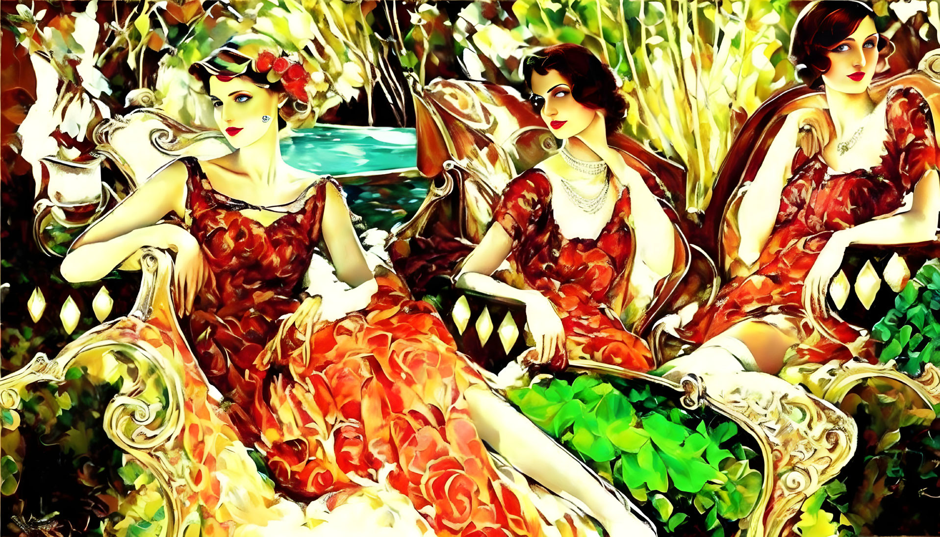 Vintage Attire Women Sitting on Bench with Greenery and Water Feature