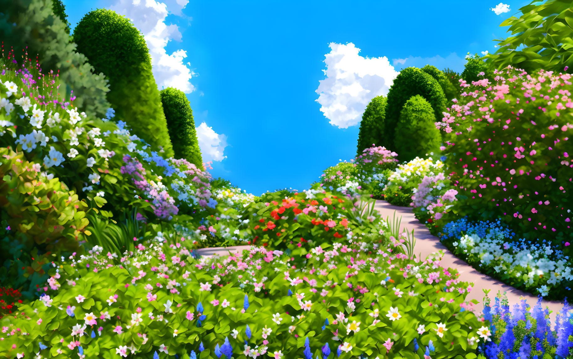 Colorful Garden Pathway Surrounded by Lush Flowers