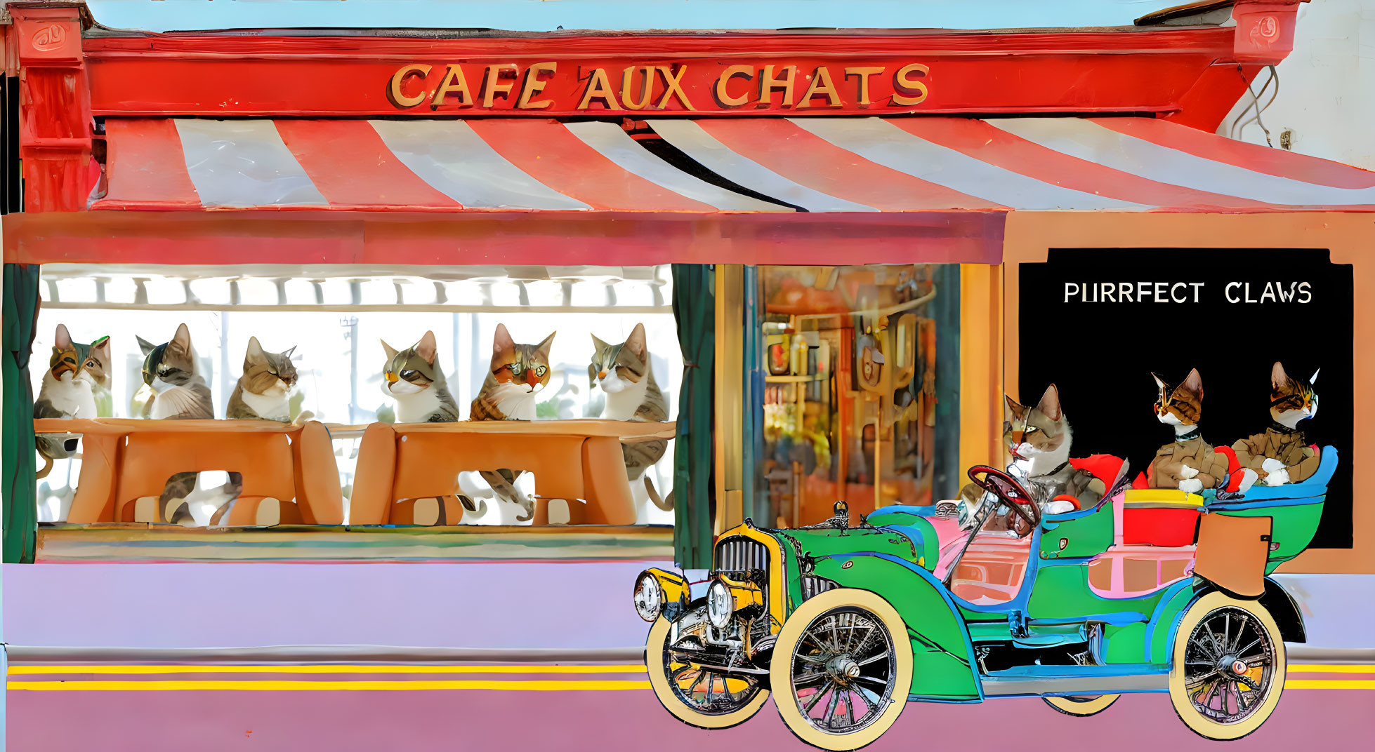 Vibrant cat-themed cafe illustration with feline customers and cat-driven car