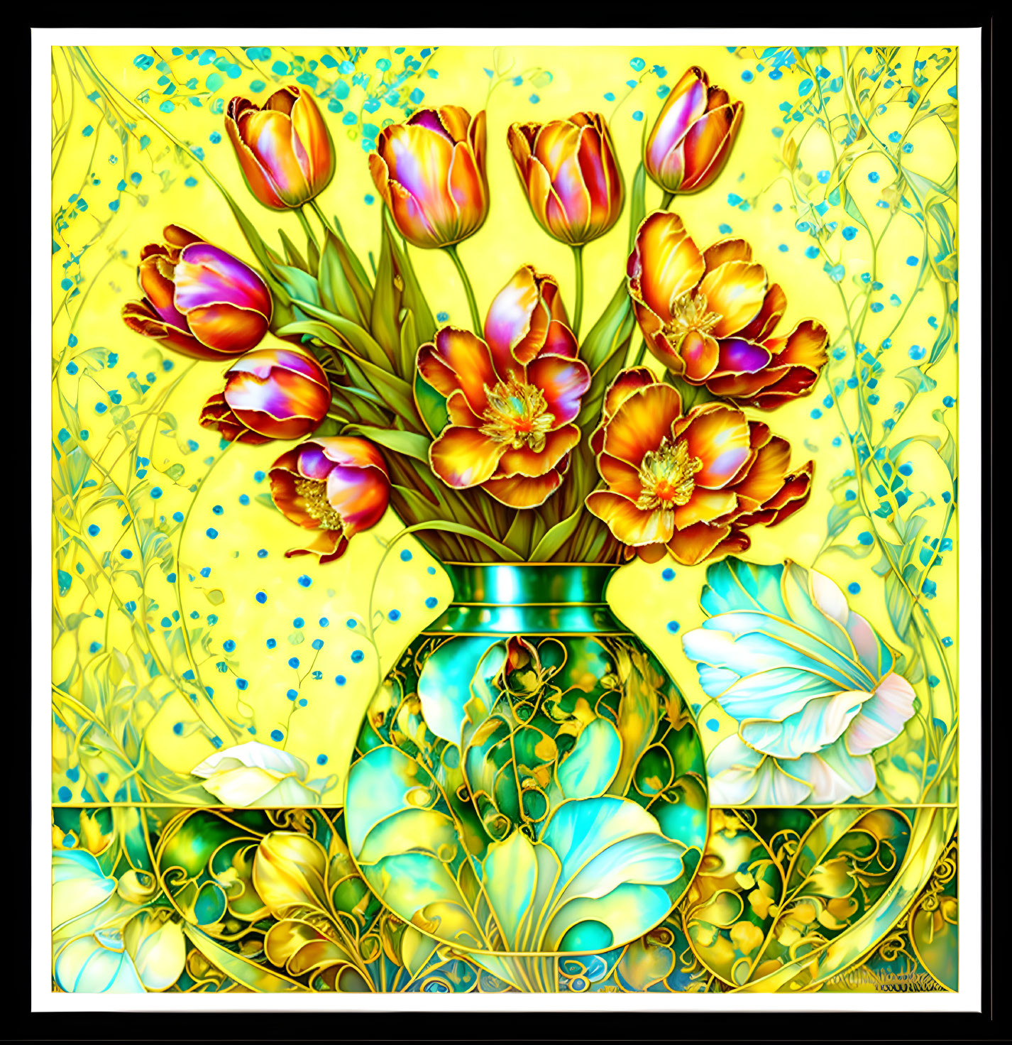 Colorful digital artwork: Orange tulips in blue vase on intricate yellow floral background