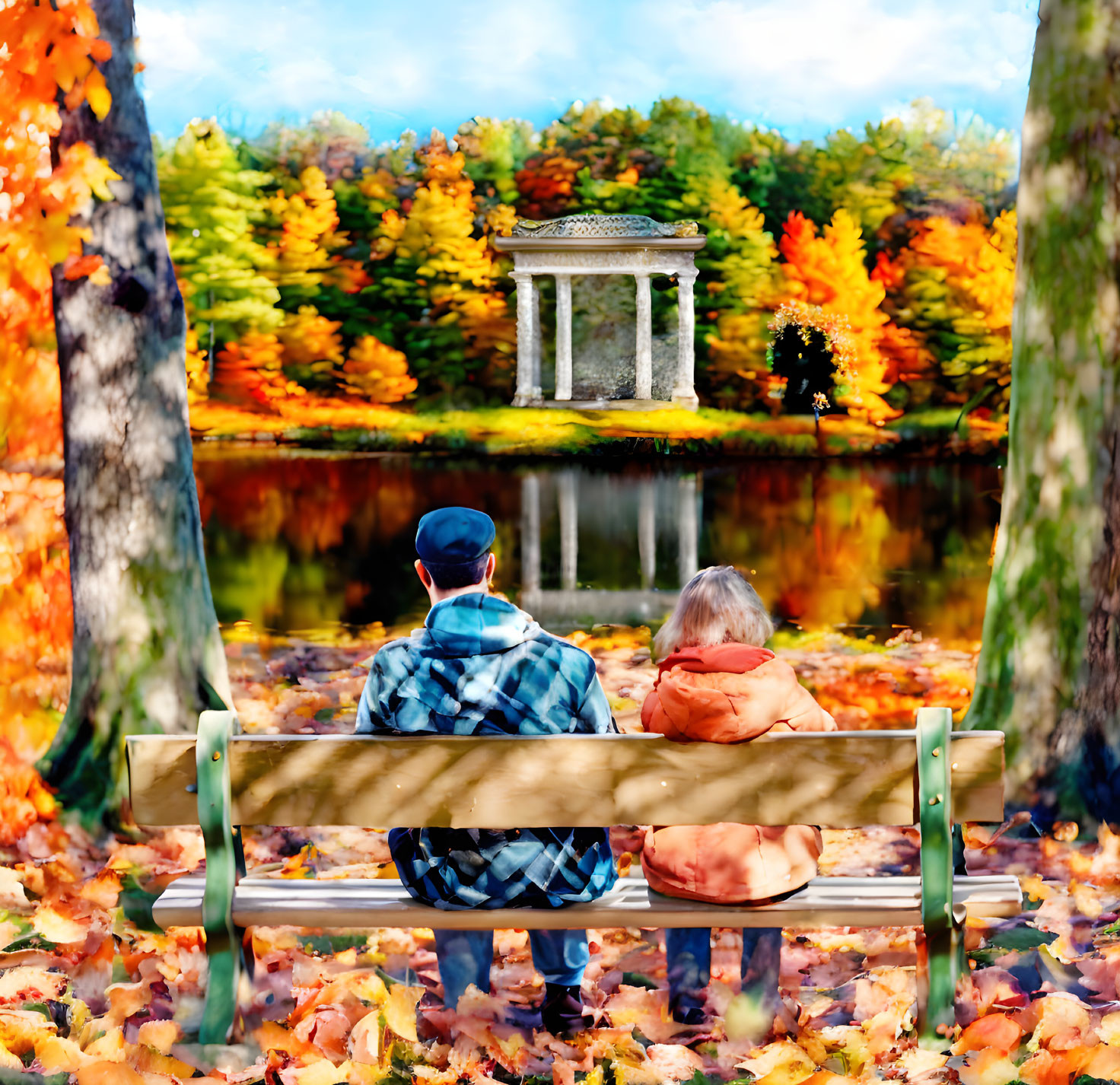 Autumn scene with two people on park bench by serene pond