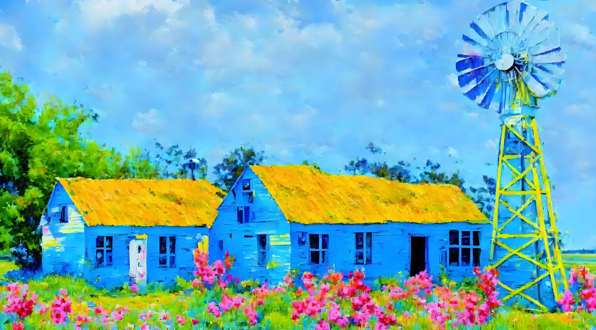 Rural Scene Painting with Blue Cottage, Windmill, and Flowers