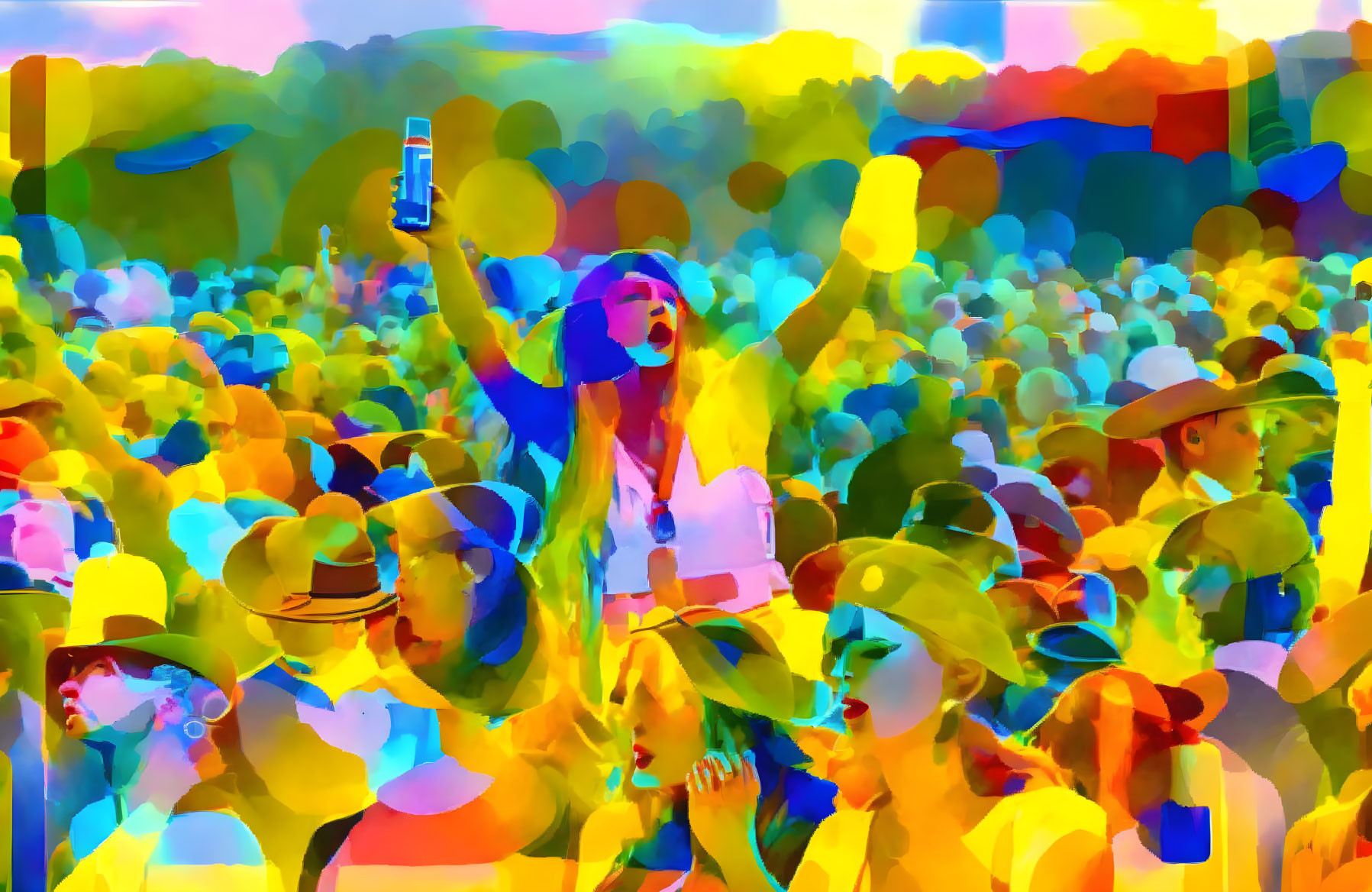 Colorful Abstract Crowd Scene with Person Raising Hand amid Festive Atmosphere