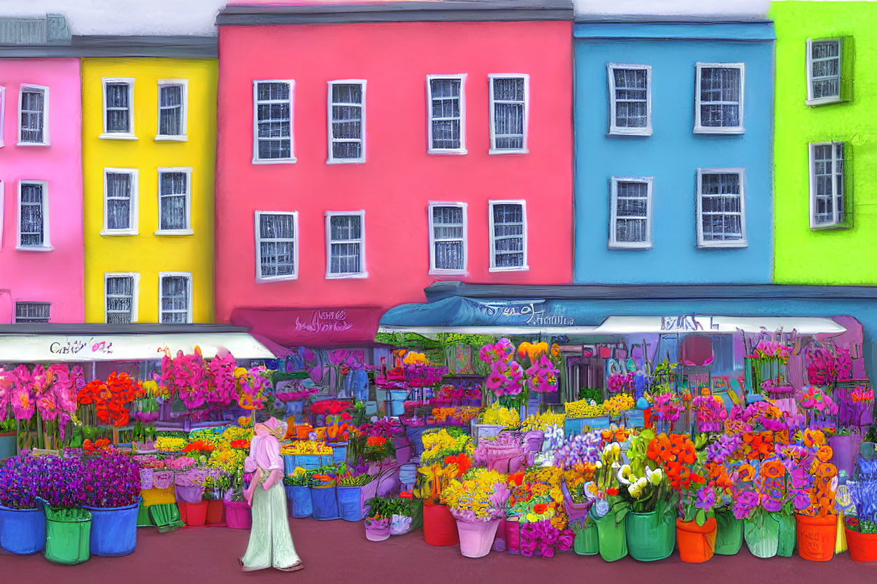 Colorful Street with Flower Market and Person Browsing Bouquets