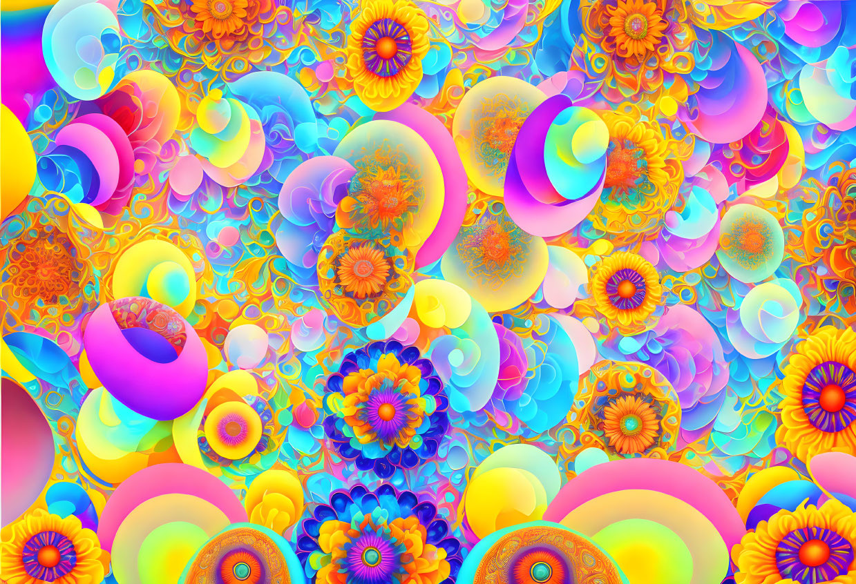 Colorful psychedelic abstract art with fractal patterns and floral motifs