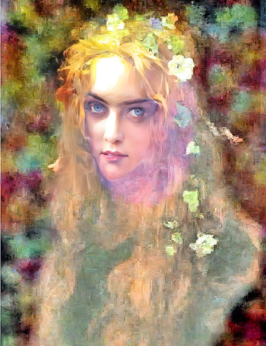 Blonde Woman Portrait with Blue Eyes and Floral Adornments