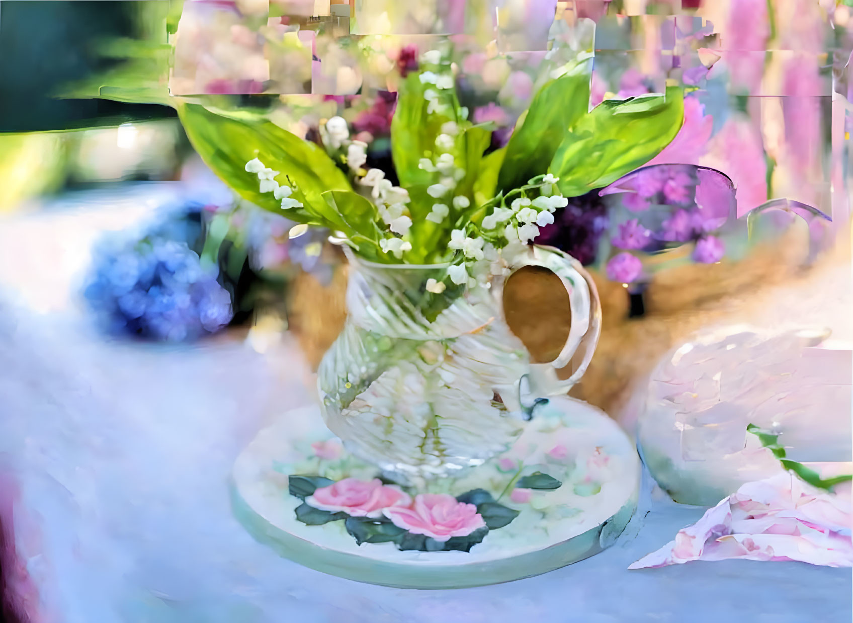 Vintage Ceramic Jug with Floral Design and White Lily of the Valley Bouquet on Plate