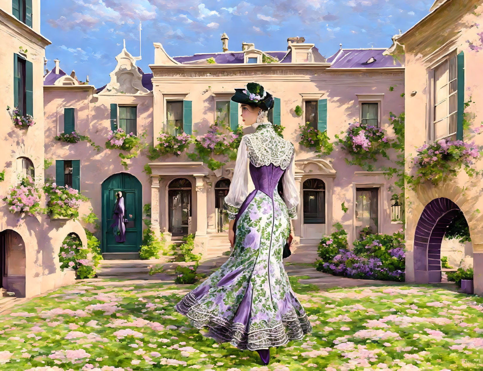 Victorian woman in purple dress in courtyard with elegant house.