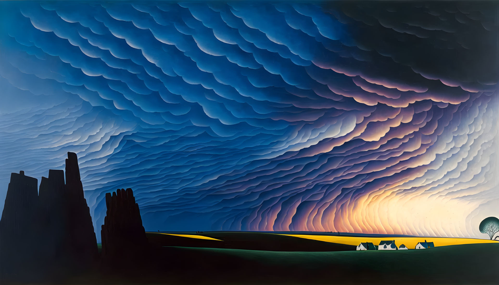 Surreal landscape painting: dramatic sky, wave-like clouds, countryside with castle ruin.