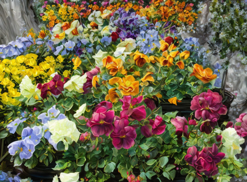 Colorful Blooming Flowers in Multiple Pots Display