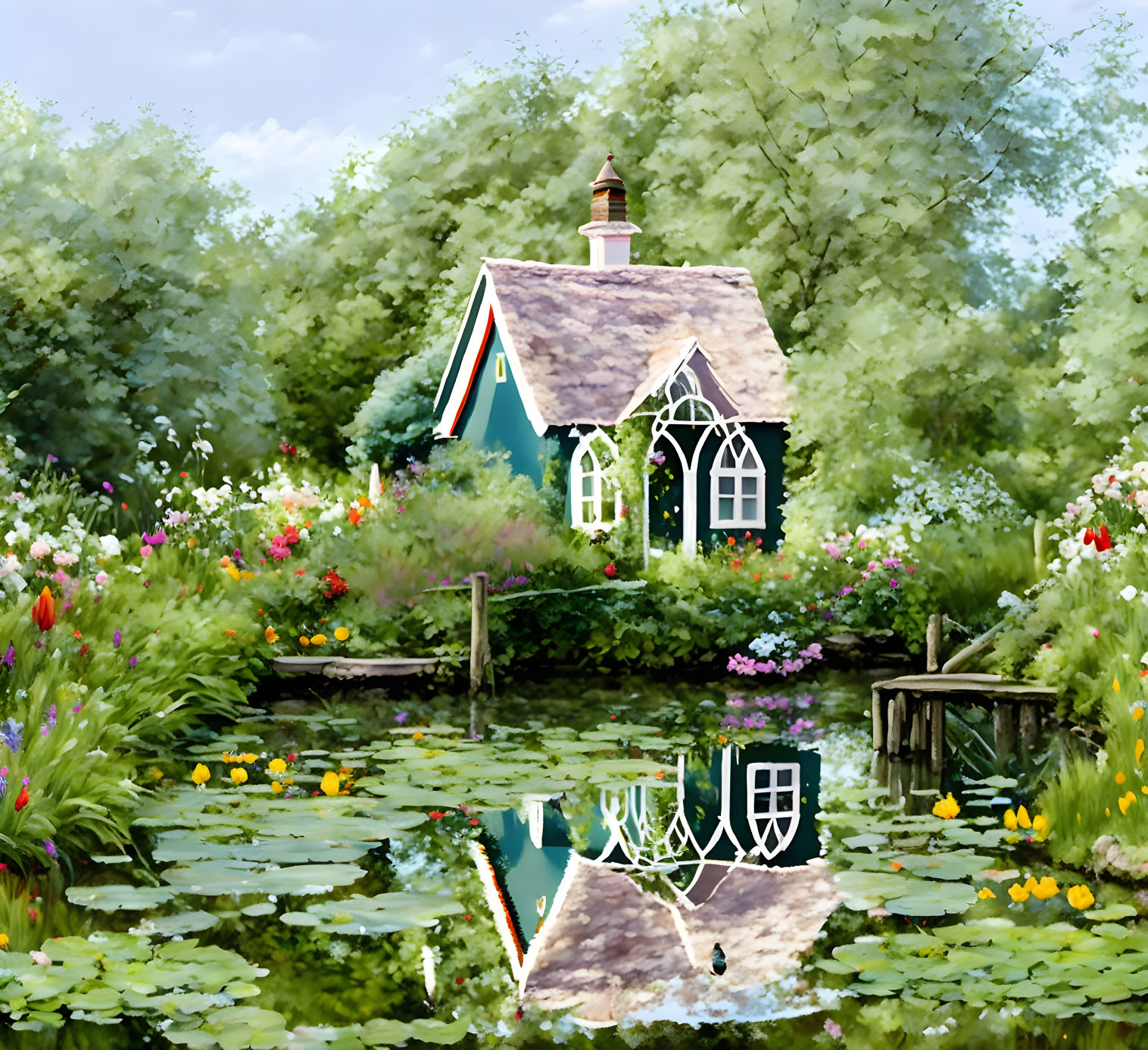 Colorful garden pond reflects charming cottage