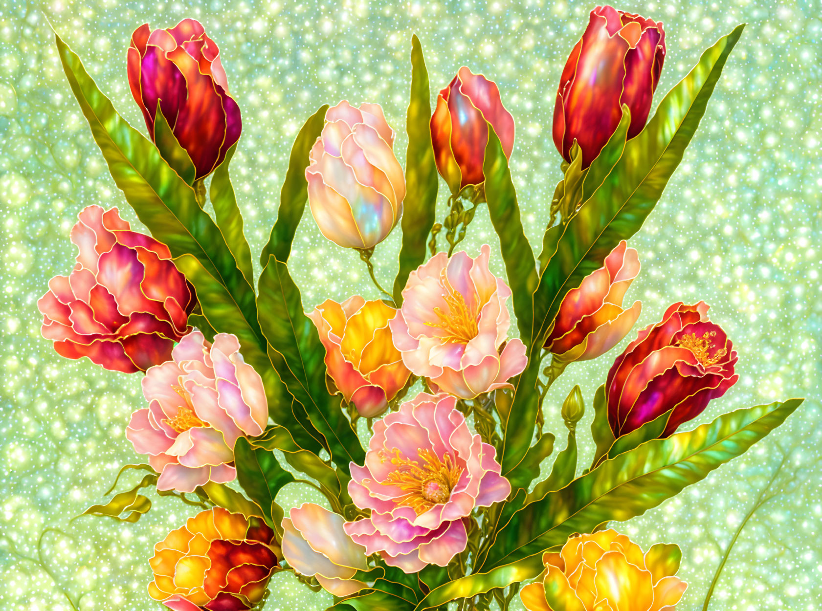 Colorful tulip digital illustration on sparkly green background