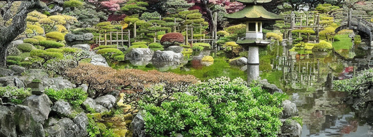 Japanese Garden with Greenery, Stone Lantern, and Serene Pond