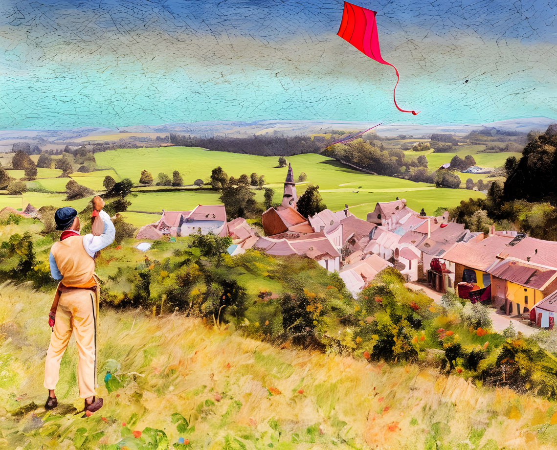 Man in vintage clothing flying red kite over picturesque village and green fields under sunny sky.