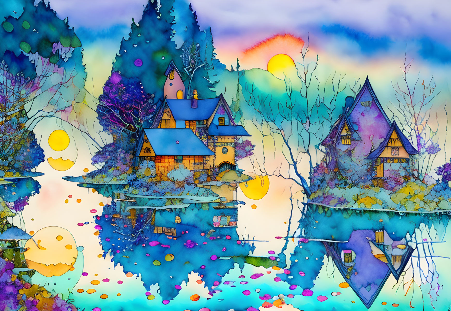 Fantasy treehouses watercolor illustration with vibrant foliage and sunset sky