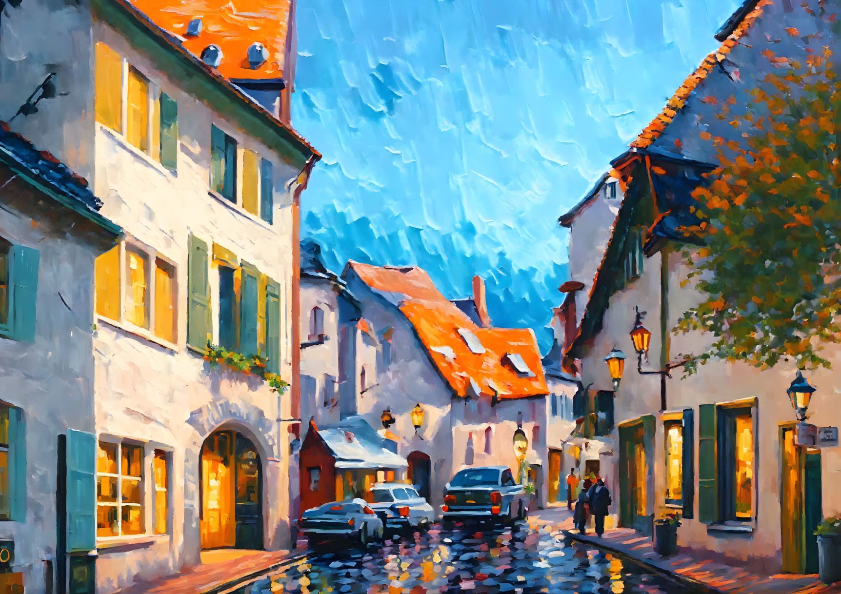 Vibrant oil painting of a picturesque street scene after rain