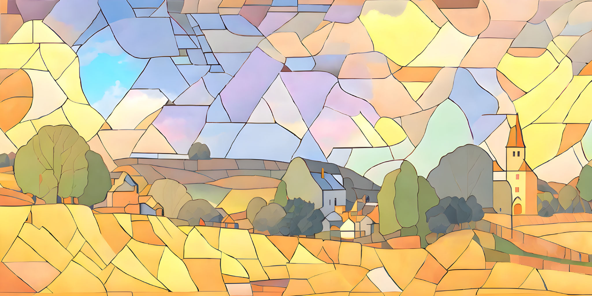 Vibrant digital artwork of a village with church tower in stained glass style