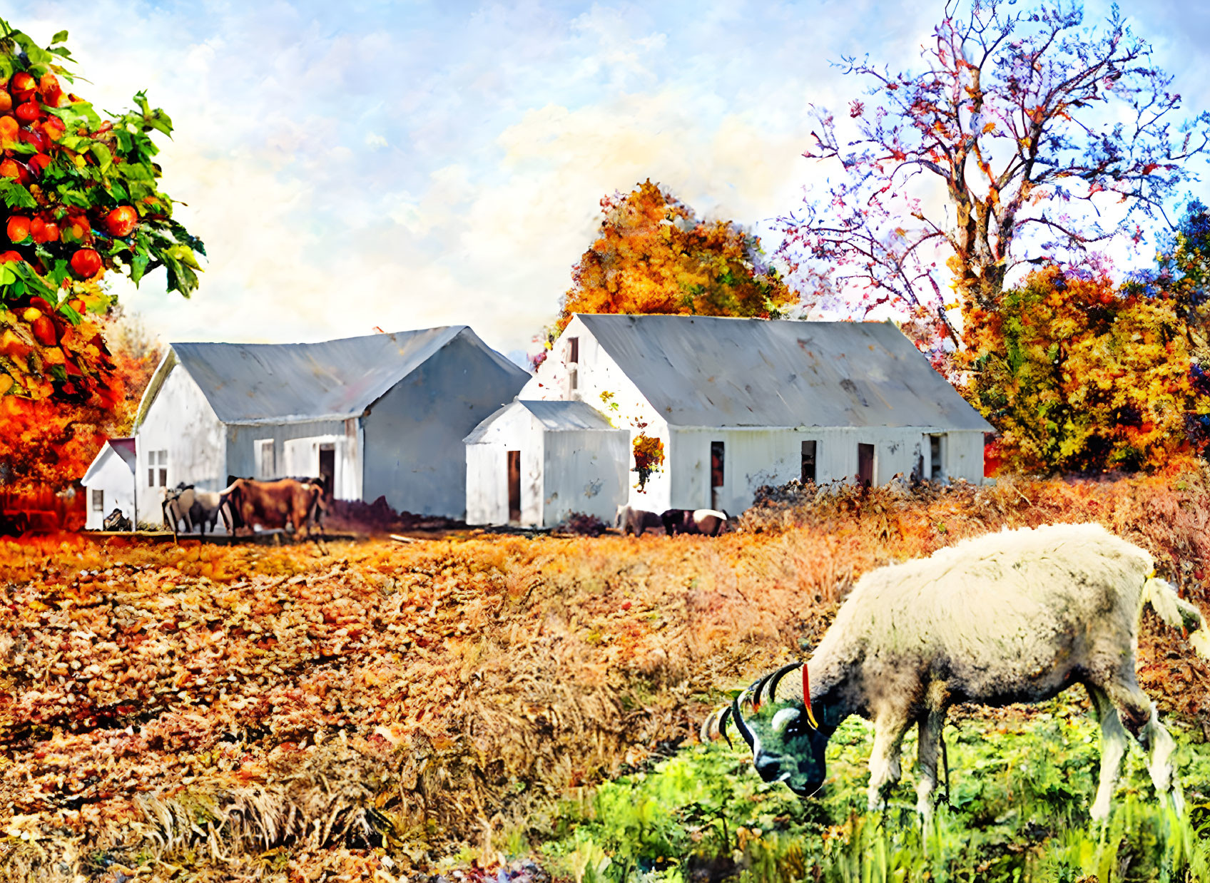 White barns, horses, sheep in autumn farm scene