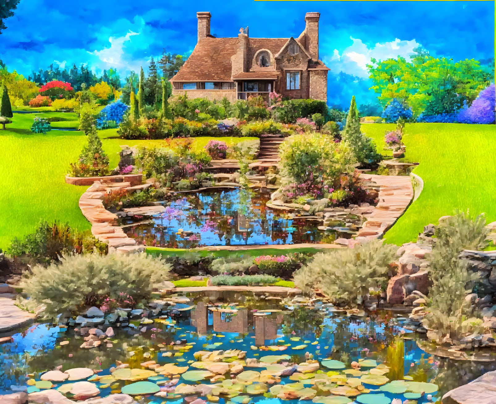 Colorful Flower Garden with Stone Pathway and Cottage