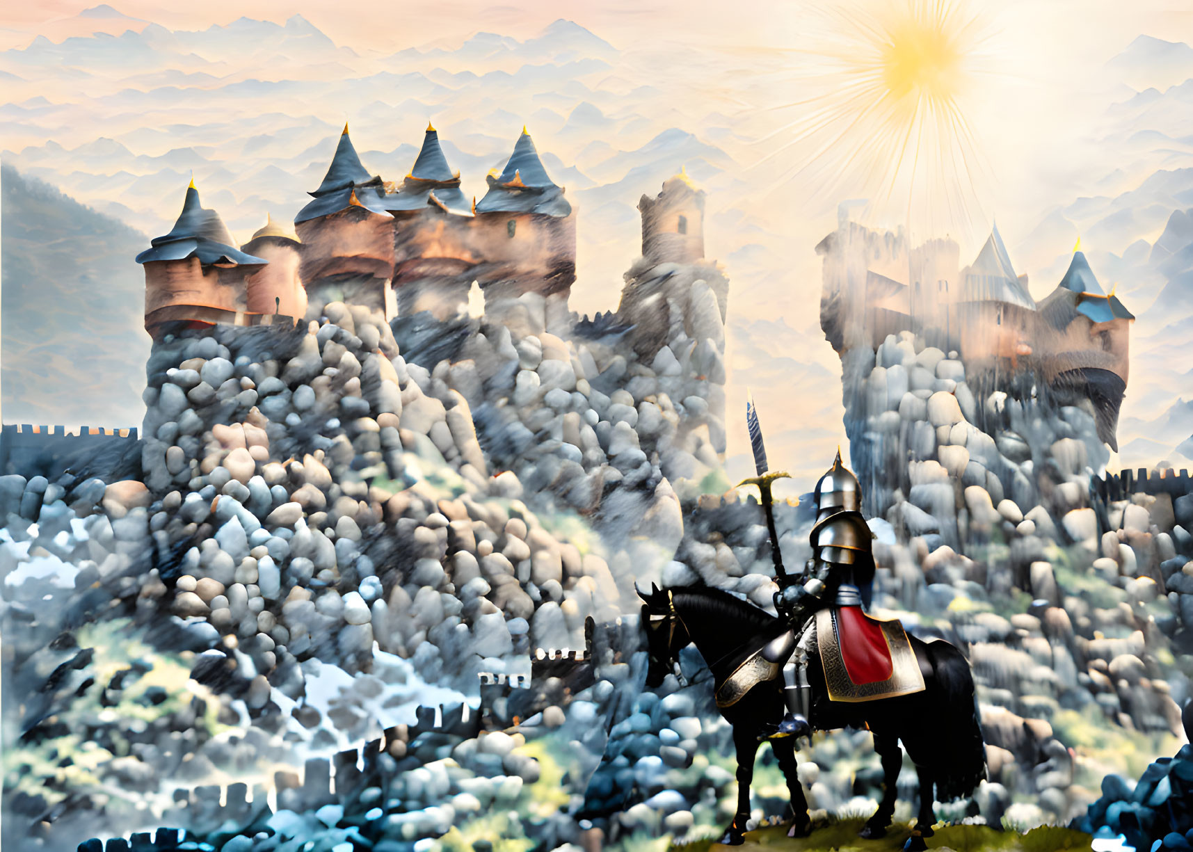 Knight on Horseback in Front of Majestic Castle and Mountains