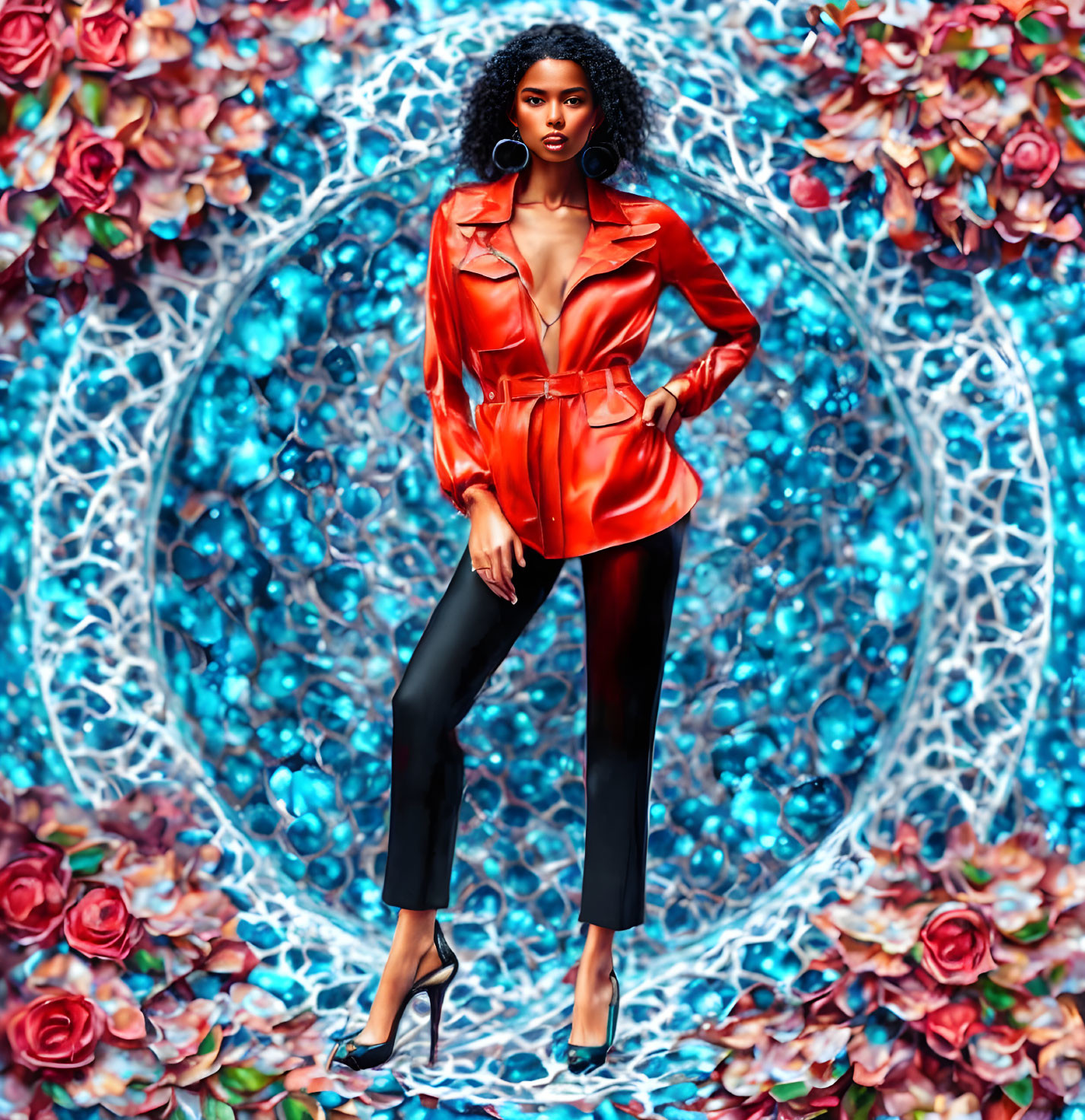 Digital illustration: Woman in red jacket & black pants against vibrant floral background