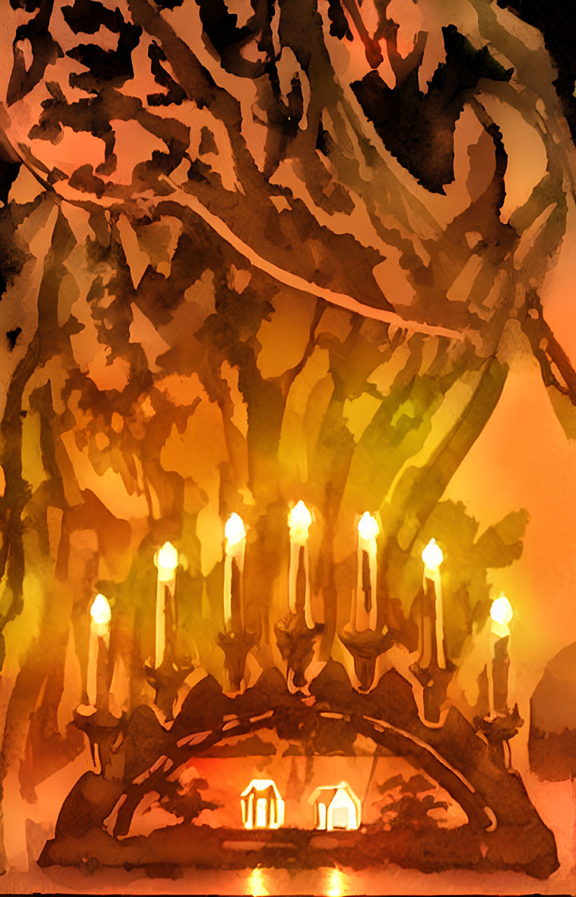 Tree with candle-lit branches and lanterns below