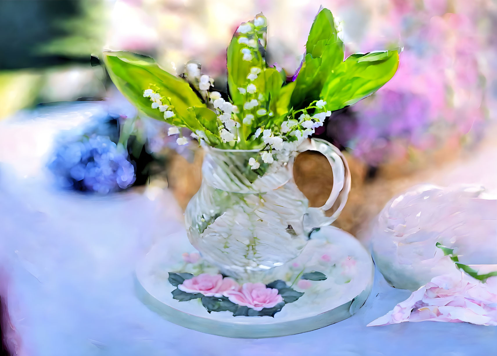 Floral Ceramic Jug and Plate with Green Leaves and White Blossoms