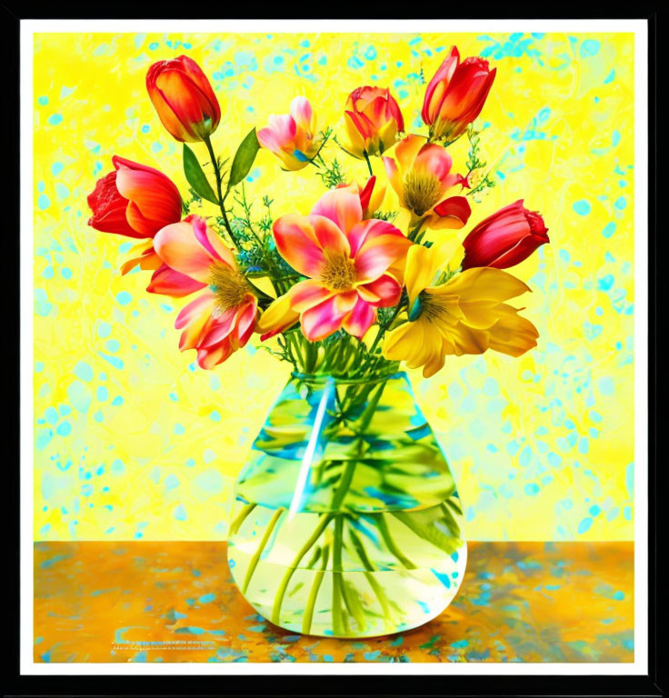 Red and Yellow Flowers in Clear Vase on Yellow Background with Blue Speckles