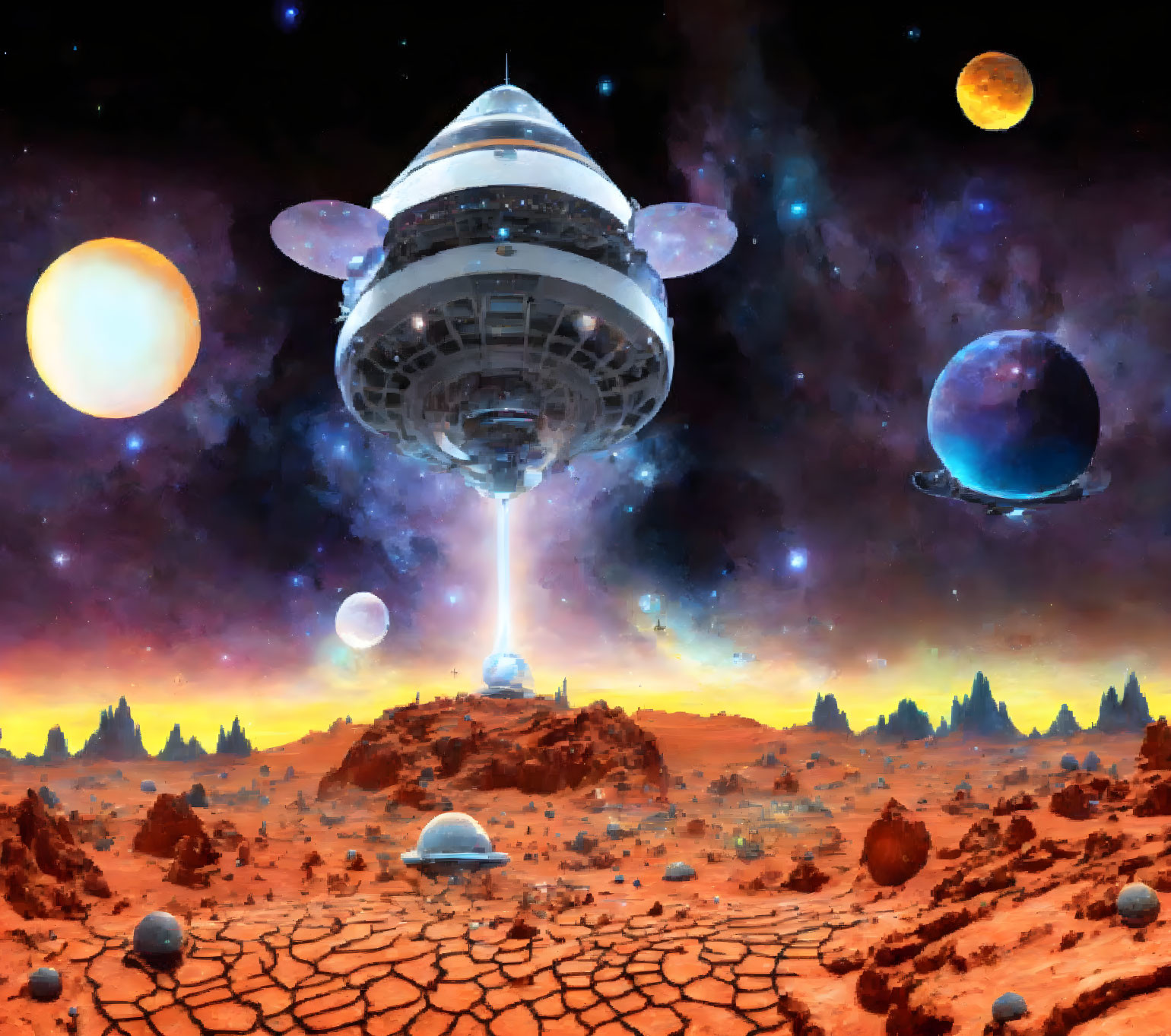 Large spaceship above barren, reddish alien landscape