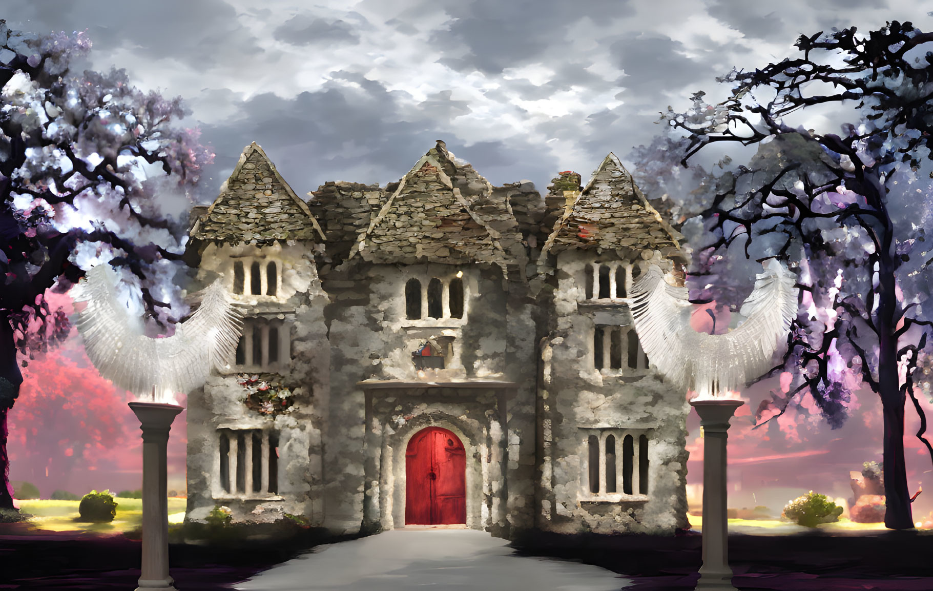 Enigmatic ancient mansion with red door under ominous sky and angelic wings.