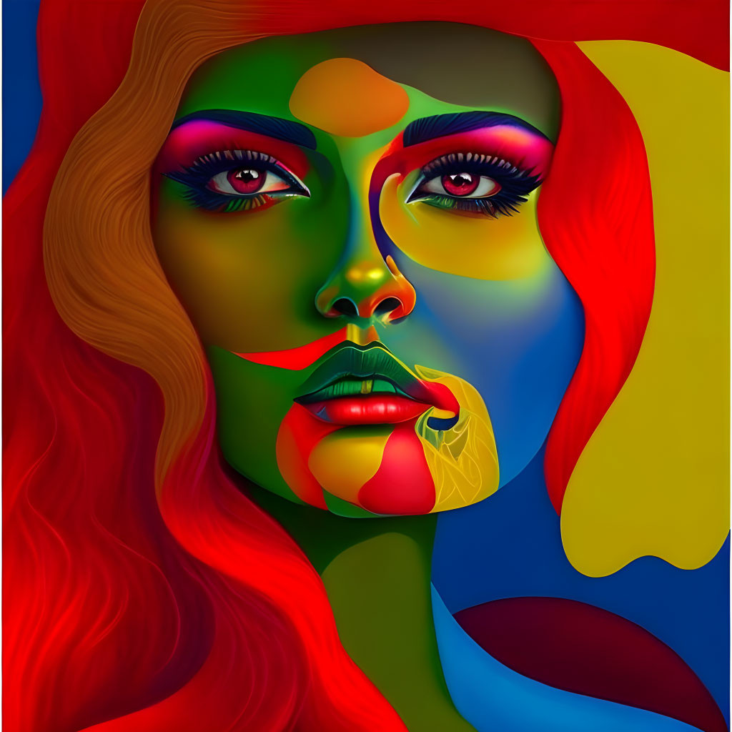 Vibrant multicolored portrait of a woman with flowing red hair