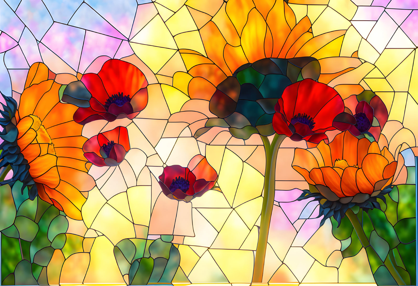 Colorful Stained Glass-Like Flowers in Vibrant Shades