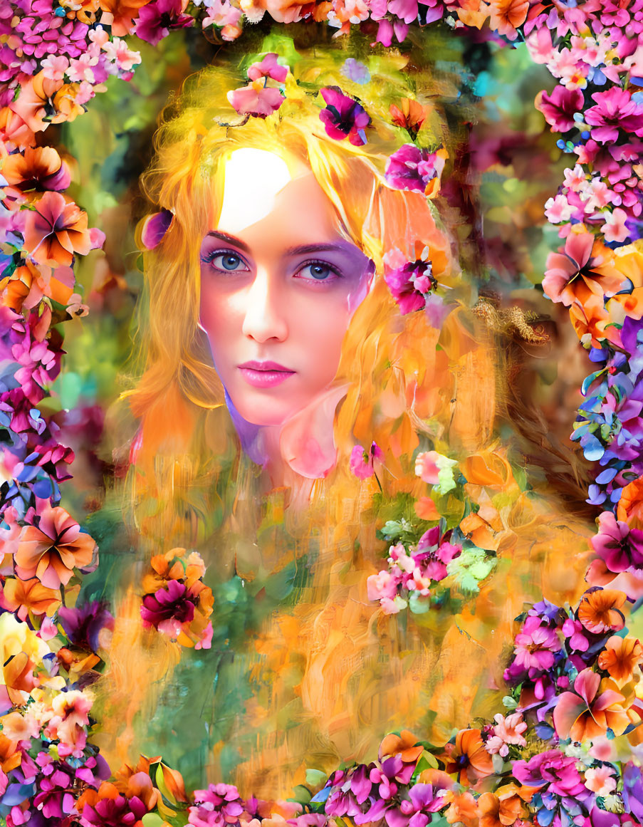 Colorful Portrait of Woman with Striking Blue Eyes and Floral Motif