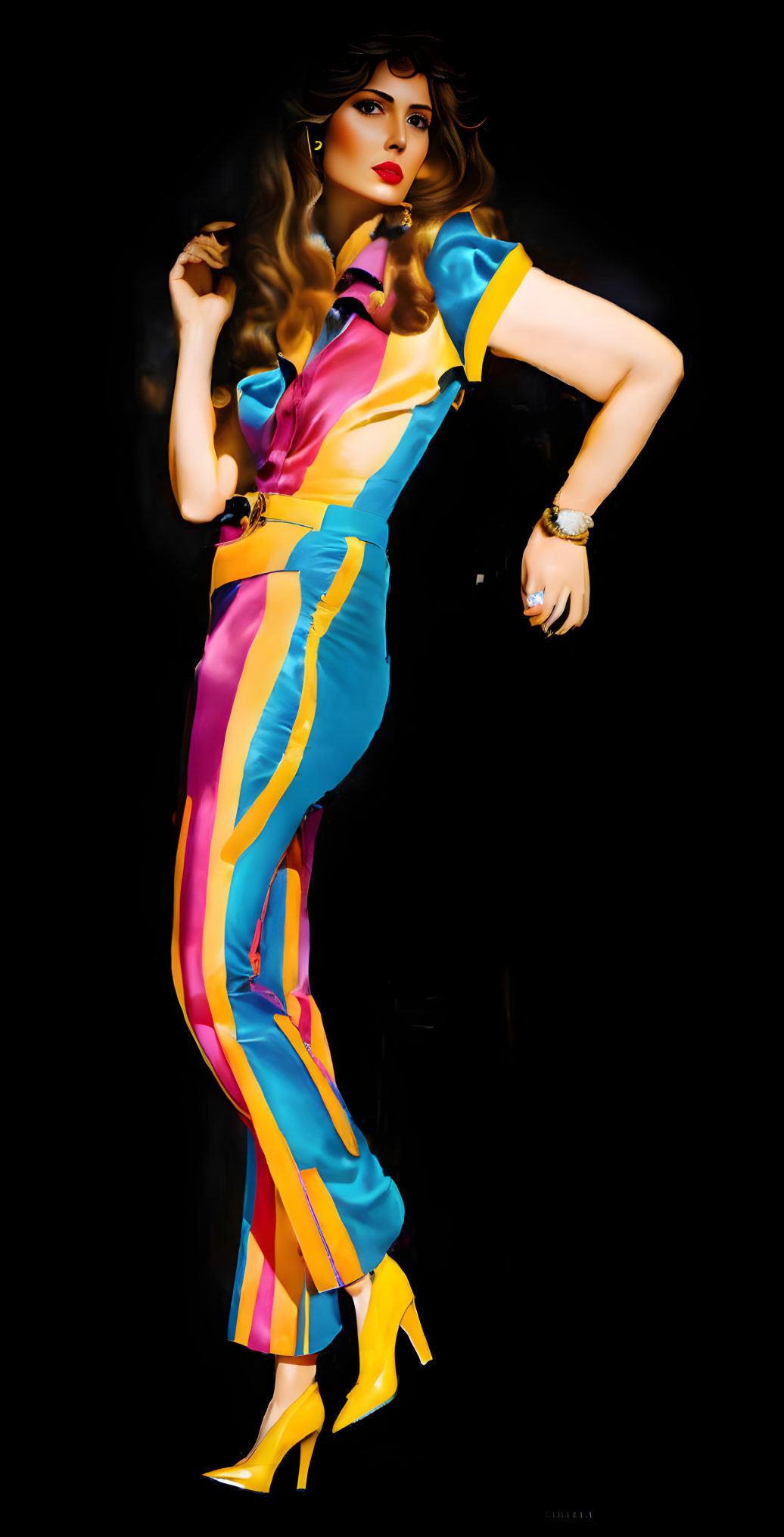 Fashionable woman with wavy hair in colorful jumpsuit and heels against black backdrop