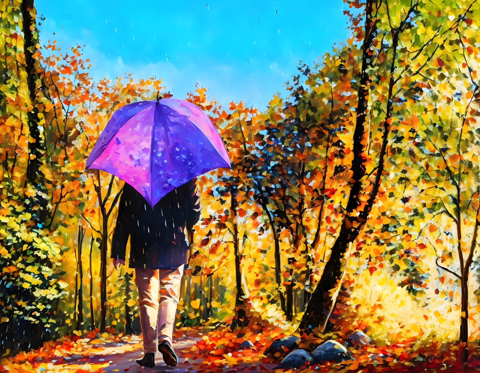 Person with Blue and Purple Umbrella in Vibrant Autumn Forest