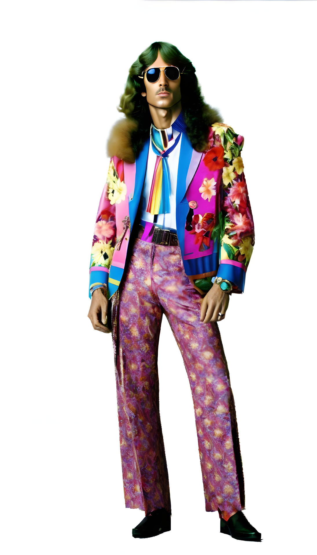 Person in Vibrant 70s-Inspired Outfit with Floral Patterns and Flared Trous