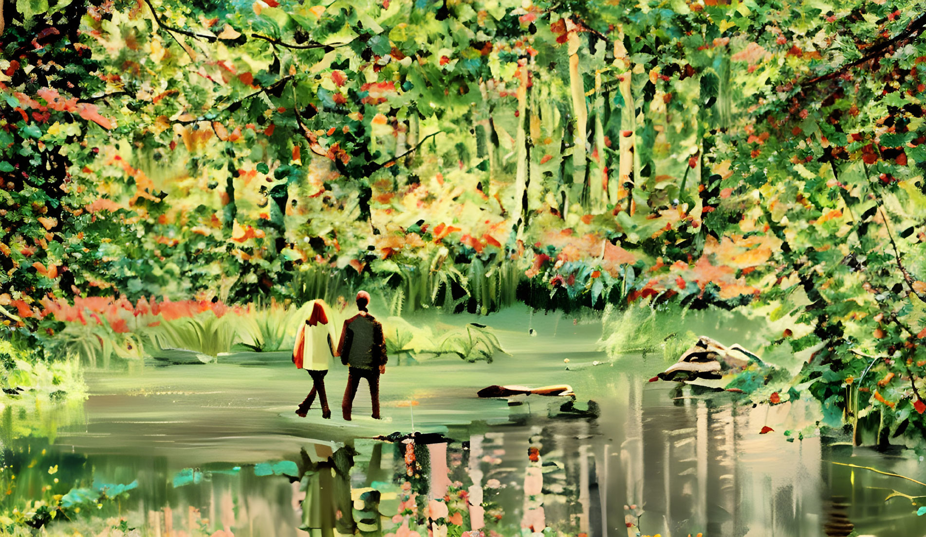 Couple by Tranquil Pond Surrounded by Autumn Foliage