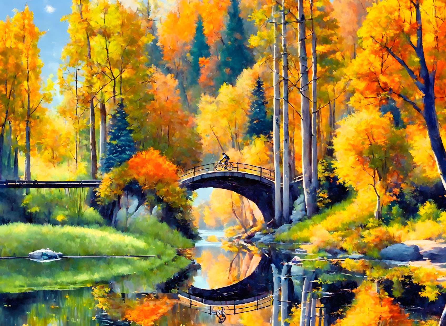 Colorful autumn painting with trees, bridge, cyclist, and river