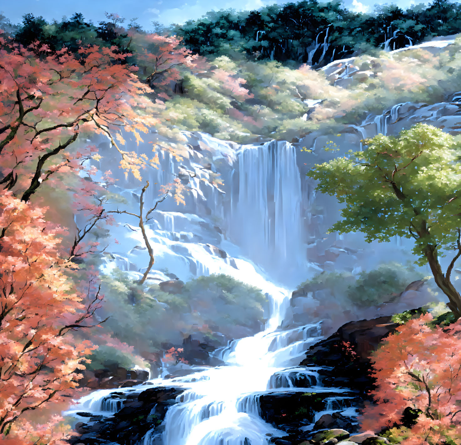 Majestic waterfall in rocky terrain with autumn trees and clear sky