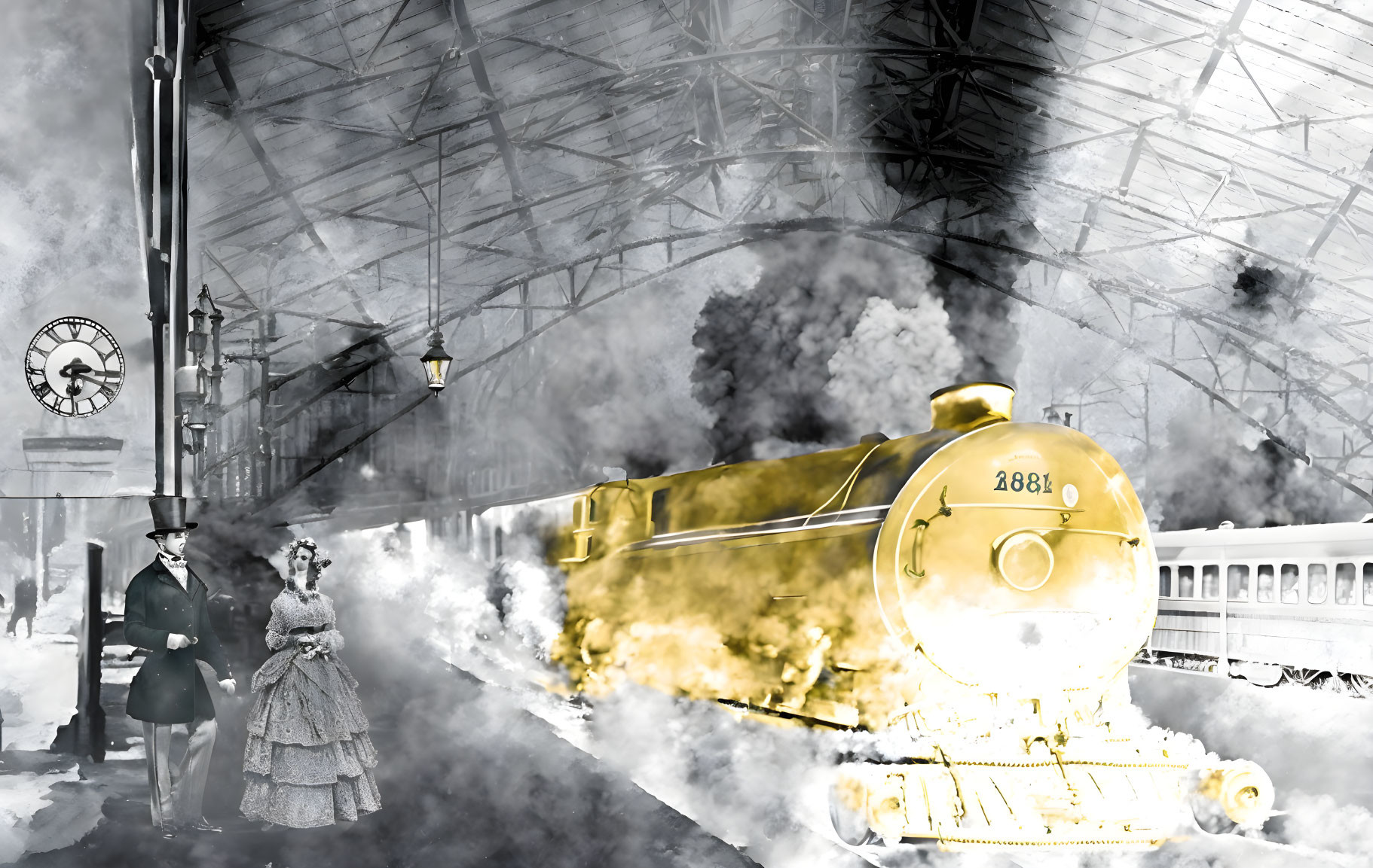 Vintage Steam Locomotive Billowing Smoke with Couple in Historical Attire